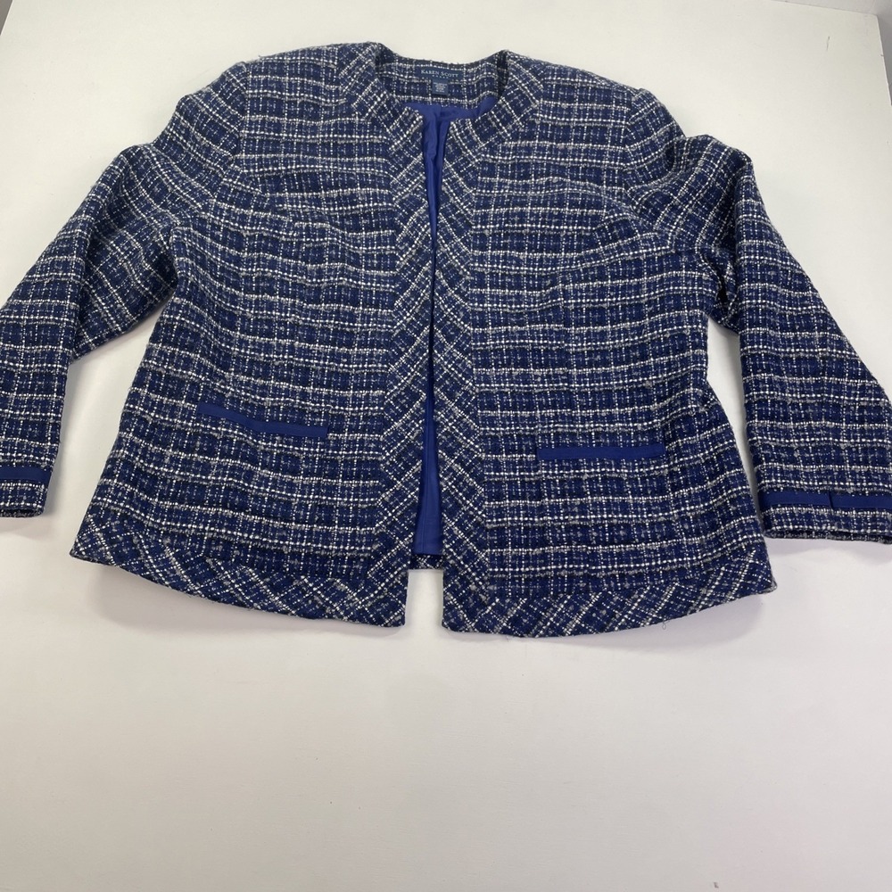 Karen Scott Women's Tweed Jacket Size 22W Blue Long Sleeve Pockets Open Front